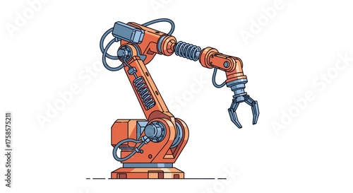 An industrial robotic arm with a gripper is shown in a studio setting.  