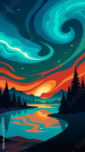 Vibrant aurora borealis over a serene mountain lake at sunset