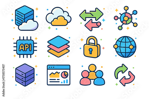 Hybrid Cloud Icon Set. Colorful isometric vector icons set of hybrid cloud infrastructure: private server, public cloud, connected arrows, integration hub, API