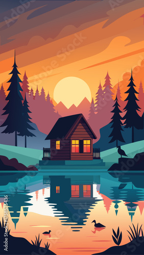 Serene lakeside cabin at sunset with mountain and forest backdrop