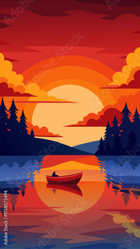 Serene sunset over a calm lake with a lone boat and silhouetted trees