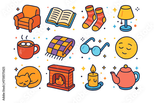 Cozy Evening Icons. Cozy evening. Colorful isometric vector icons set of cozy evening: armchair, open storybook, wool socks, glowing lamp, hot cocoa, blanket,