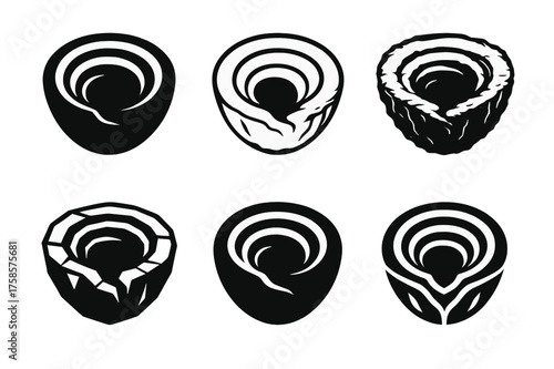 Labyrinth Emblem Variations. Cavernous pits filled with despair. Set Logo of Conceptual art: dark labyrinth pit icon. harmonious logo variations of the same