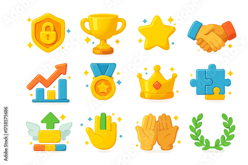 Co-op Achievements Icons. Co-op achievements. 3D icons set of co-op achievements: unlocked badge, golden trophy, glowing star, teamwork handshake, rising