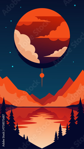 Vibrant alien landscape with a large celestial body and reflecting water
