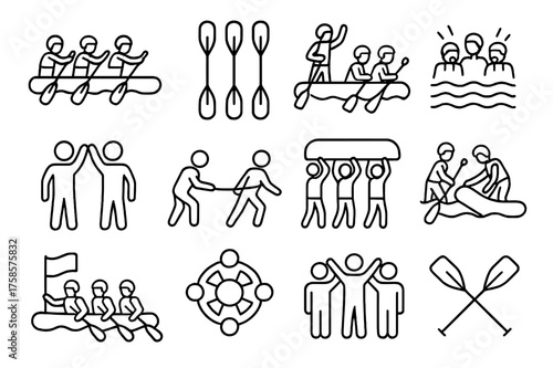 Team Rafting Icons. Team rafting. Line icon set of Team rafting: group paddling, synchronized paddles, guide giving commands, team shouting, high five, pulling