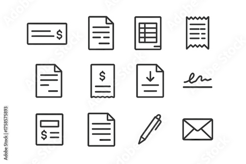 Financial Icon Set. Financial documents. Line icon set of Financial documents: check, invoice, ledger, receipt, bank statement, deposit slip, withdrawal slip,