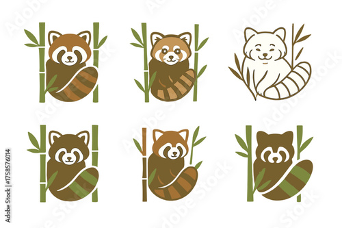 Wild Animal Logo Variations. Wild animals in forests and jungles. Set Logo of Wild animals in forests and jungles: Red panda nestled in bamboo. harmonious logo