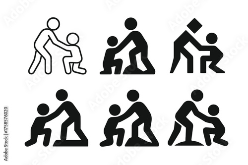Productivity Assistance Logos. Assisting with tasks. Set Logo of Productivity: person helping another icon. harmonious logo variations of the same emblematic