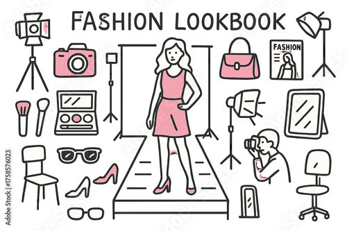 Fashionista Doodle Icons. Fashion Lookbook. Hand-drawn doodle illustration fashion lookbook model (accented), camera (accented), tripod, spotlight, outfit,