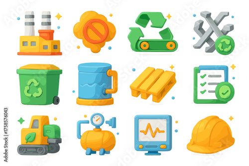 Industrial Waste Solutions Icons. 3D icons set of industrial waste reduction: factory with filters, emission control, recycling conveyor, industrial bin, water