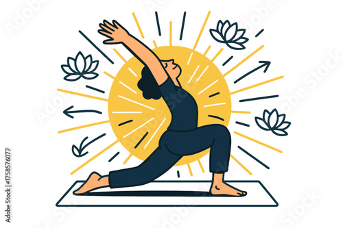 Radiant Yoga Stretch. Morning yoga. Person stretching in a glowing sun pose on a mat, abstract rays radiating outward. Floating lotus icons surrounding the