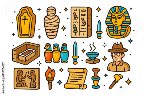 Ancient Burial Icons. Ancient burial. Colorful isometric vector icons set of ancient burial: sarcophagus, mummy, hieroglyph-inscribed walls, burial mask, tomb