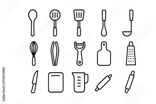 Cooking Utensils Icons. Cooking utensils. Line icon set of Cooking utensils: wooden spoon, slotted spoon, spatula, ladle, whisk, tongs, peeler, grater, knife,