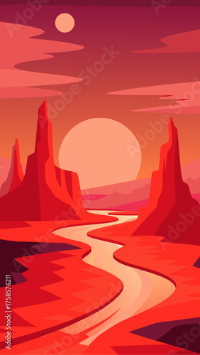 Stylized red desert landscape with winding river and towering rock formations