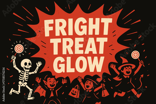 FrightTreatGlow Banner. FrightTreatGlow banner, flat vector illustration, bold oversized text inside comic burst, cartoon characters dancing and shouting at