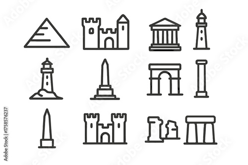 Ancient Landmarks Icons. Ancient landmarks. Line icon set of Ancient landmarks: pyramid, castle, temple, tower, lighthouse, monument, archway, column, obelisk,