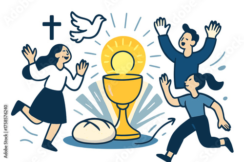 Sacred Communion Scene. Holy Eucharist. Glowing chalice and bread radiating soft light, with abstract rays forming a sacred aura. Floating dove and cross icons