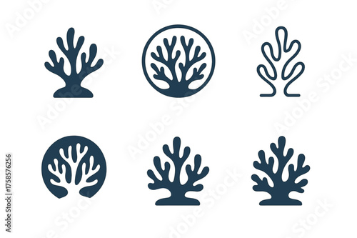 Ocean Logo Variations. Ocean. Set Logo of Ocean: coral reef. harmonious logo variations of the same emblematic concept, each with different artistic