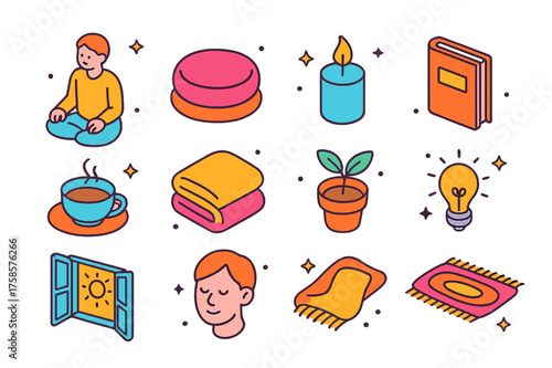 Inner Calm Icons. Inner calm. Colorful isometric vector icons set of inner calm: person sitting quietly, meditation cushion, candle, journal, cup of tea, soft