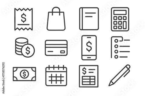 Expense Tracking Icons. Expense tracking. Line icon set of Expense tracking: receipt, shopping bag, ledger, calculator, coins, bank card, transaction list,