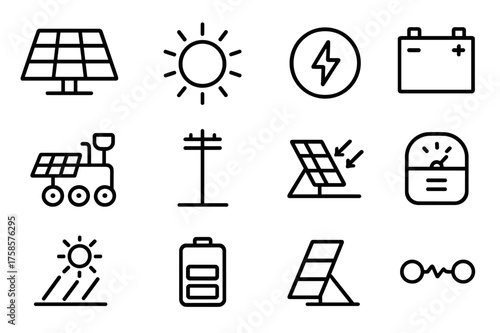 Solar Energy Icons. Solar energy. Line icon set of Solar energy: solar panel, sun, energy icon, battery pack, rover solar array, power distribution, light