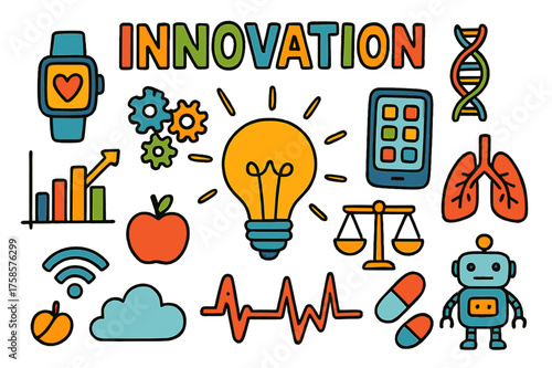 Innovative Doodles Collection. Innovation. Colorful Hand-drawn doodle Children illustration Lightbulb, smartwatch, mobile app, gears, DNA strand, graph, robot,