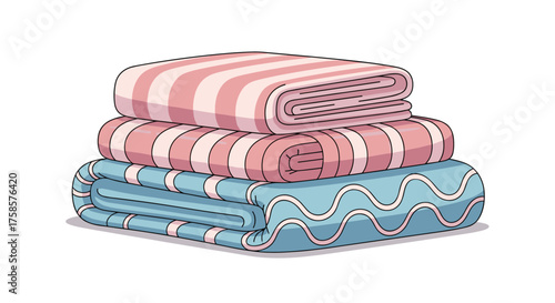 A stack of neatly folded blankets with stripes and waves patterns.