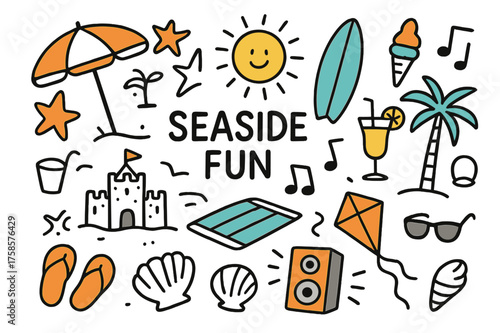 Seaside Fun Doodles. Seaside Fun. Hand-drawn doodle illustration seaside fun beach umbrella (accented), sandcastle, surfboard (accented), starfish, sun
