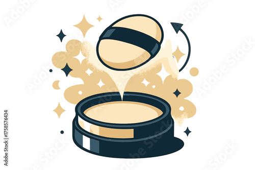 Glowing Powder Box. Powder and puff. A stylized round powder box glowing as a puff floats above it, surrounded by abstract sparkling dust clouds. Soft,