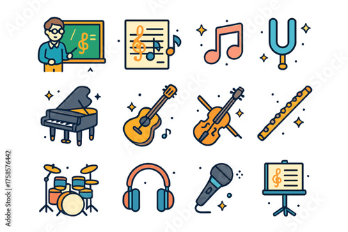 Colorful Music Teaching Icons. Teaching music. Colorful isometric vector icons set of teaching music: teacher with chalkboard, sheet music, music notes, tuning