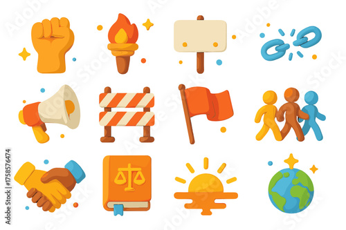 Revolution Icons Set. Revolutions. 3D icons set of revolutions: raised fist, torch, protest banner, broken chain, megaphone, barricade, flag waving, marching