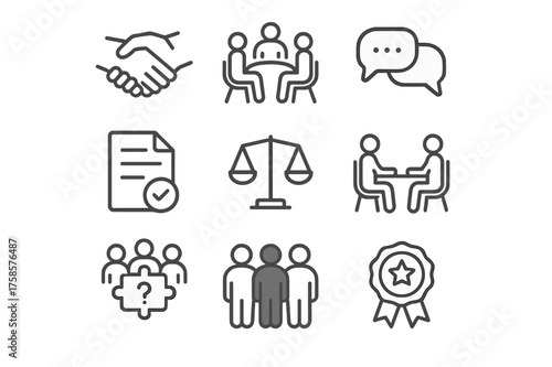 Conflict Resolution Icons. Conflict resolution. Line icon set of Conflict resolution: handshake, discussion circle, mediator, speech bubbles, agreement