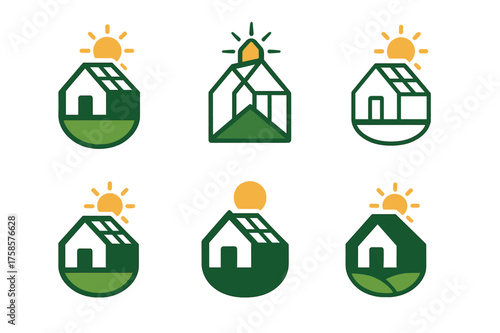Greenhouse Logo Variations. Building a greenhouse. Set Logo of Building a greenhouse: Solar heater / photovoltaic panel for climate control. harmonious logo
