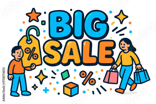 Playful Big Sale Banner. Text banner with the phrase ?Big Sale?. Bold outlined doodle lettering with thick saturated strokes, playful cartoon style, strong