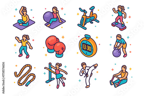 Colorful Fitness Icons. Fitness classes. Colorful isometric vector icons set of fitness classes: yoga mat pose, pilates ball, spinning bike, aerobics step,