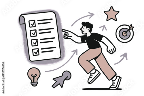Goal Setting Guide. Goal setting. A glowing checklist or map hovering in the air, a character pointing forward, abstract arrows and floating icons representing