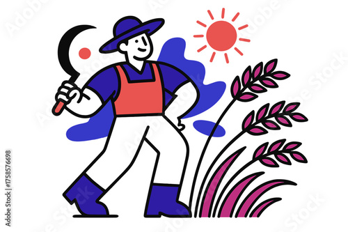 Harvest Rhythm. Harvest Season. A farmer holding a sickle with stylized wheat stalks bending in rhythm. Floating abstract sun shapes in the background. Modern