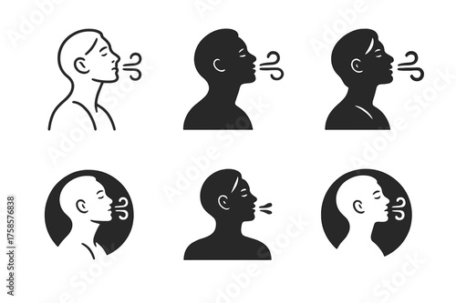 Breathing Logo Variations. Breathing and oxygen. Set Logo of Breathing and oxygen: Person practicing deep breathing (silhouette). harmonious logo variations of