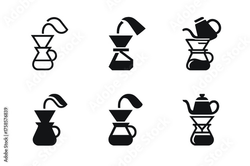 Coffee Logo Variations. Morning coffee ritual. Set Logo of Morning coffee ritual: Pour-over cone with kettle stream. harmonious logo variations of the same