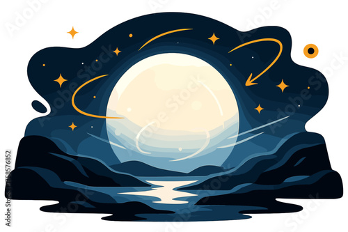 Luminous Moonrise. Glowing moon landscape. A large, luminous moon rising over rocky terrain with floating stars and abstract light trails surrounding it. Soft