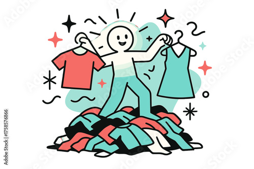 Fashion Creativity Unleashed. Fashion experiment. A glowing character standing in a pile of clothes while holding up new outfits, abstract stars and lines