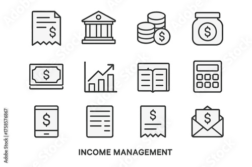 Income Management Icons. Income management. Line icon set of Income management: salary slip, bank account, coins, dollar bills, income chart, savings jar,
