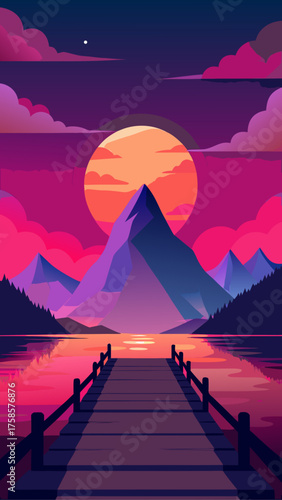 Vibrant sunset over mountains and lake with wooden pier