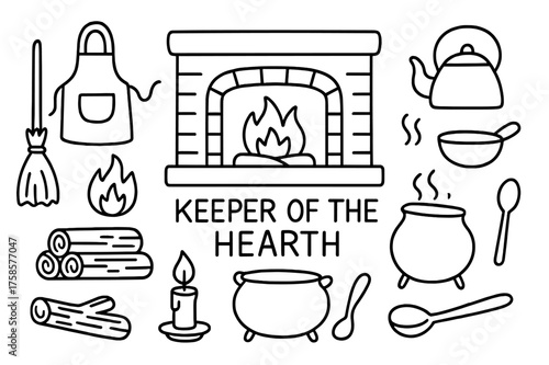 Hearth Essentials Doodle. Keeper of the Hearth. Hand-drawn doodle illustration keeper of the hearth fireplace, hearth, firewood, kettle, cauldron, cooking pot,