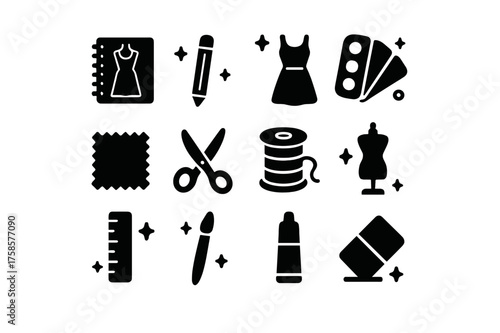 Fashion Icon Collection. Fashion Illustration. Solid icons set of Fashion Illustration: Sketchbook, Pencil, Dress Sketch, Color Palette, Fabric Swatch,