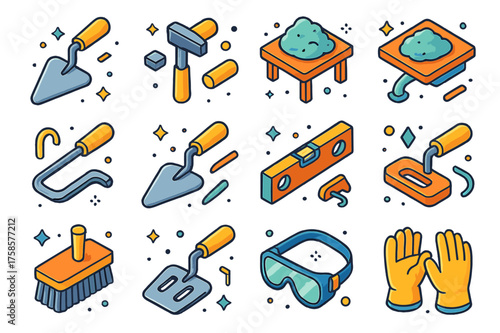 Masonry Tools Icons. Colorful isometric vector icons set of masonry hand tools: trowel, brick hammer, mason?s chisel, mortar board, jointer, pointing trowel,