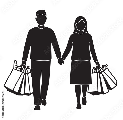 Couple holding hands while shopping bags representing consumerism retail spending purchasing
