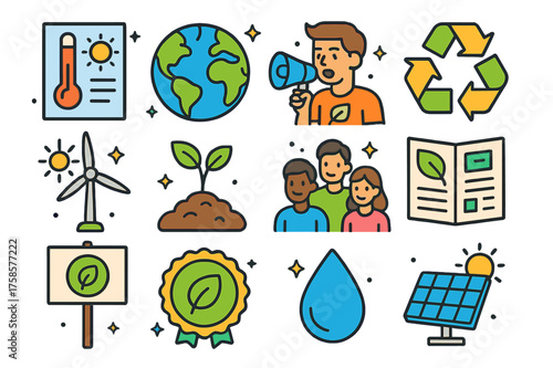 Climate Awareness Icons. Climate awareness. Colorful isometric vector icons set of climate awareness: informational posters, globe, activist speaker, recycling