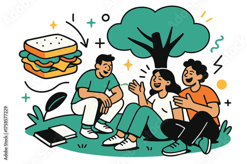 Vibrant Lunch Break. Lunch break. A sandwich glowing with fresh colors, friends laughing under a tree, notebooks closed for a moment of pause. A breath of